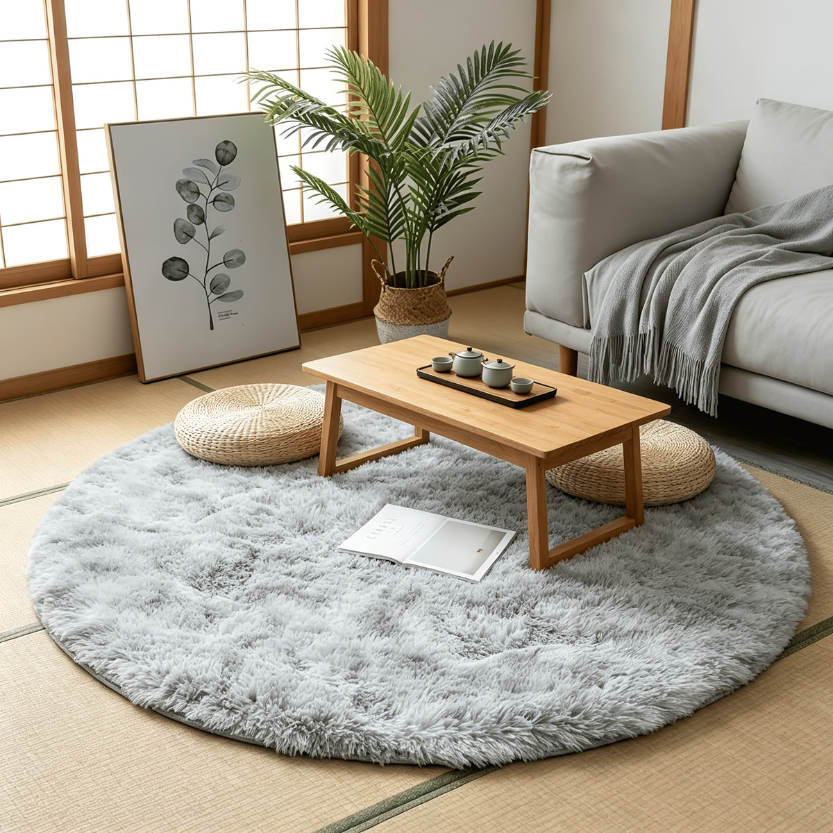 Tapis rond gris clair à poil long Ø 200 cm, dos antidérapant