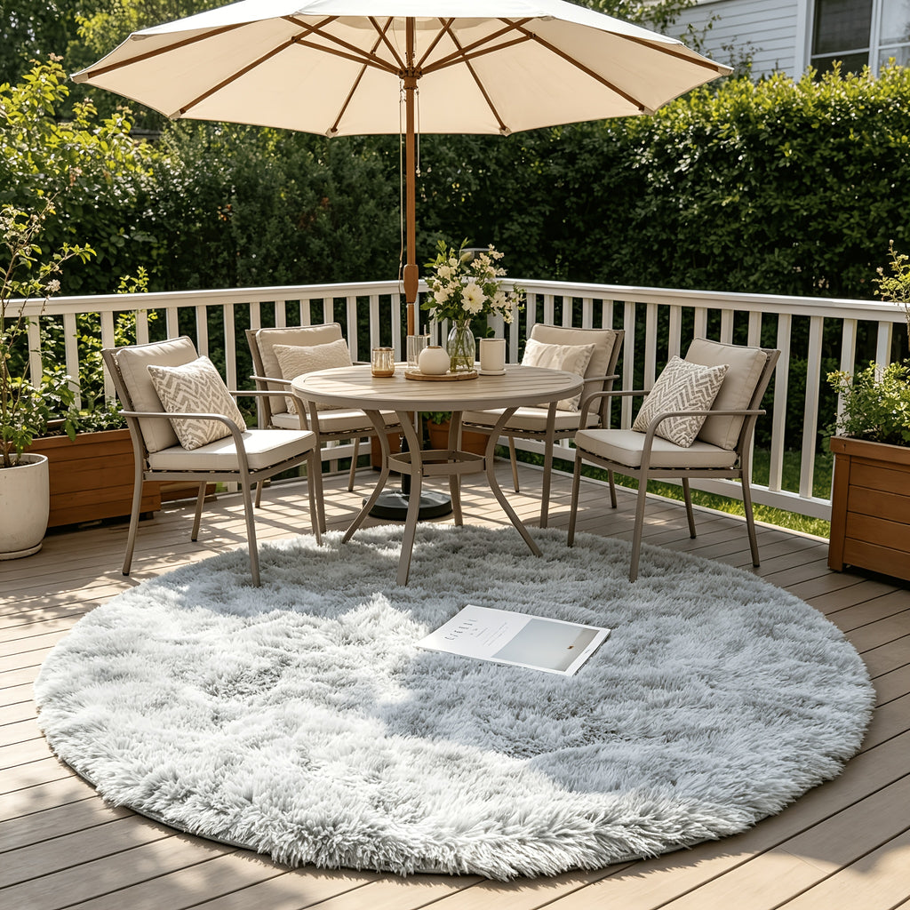 Tapis rond gris clair à poil long Ø 200 cm, dos antidérapant
