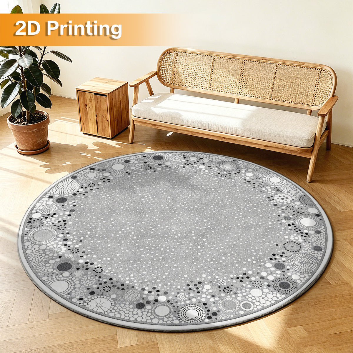 Tapis rond gris clair à couronne de pois, quatre cotes vendues