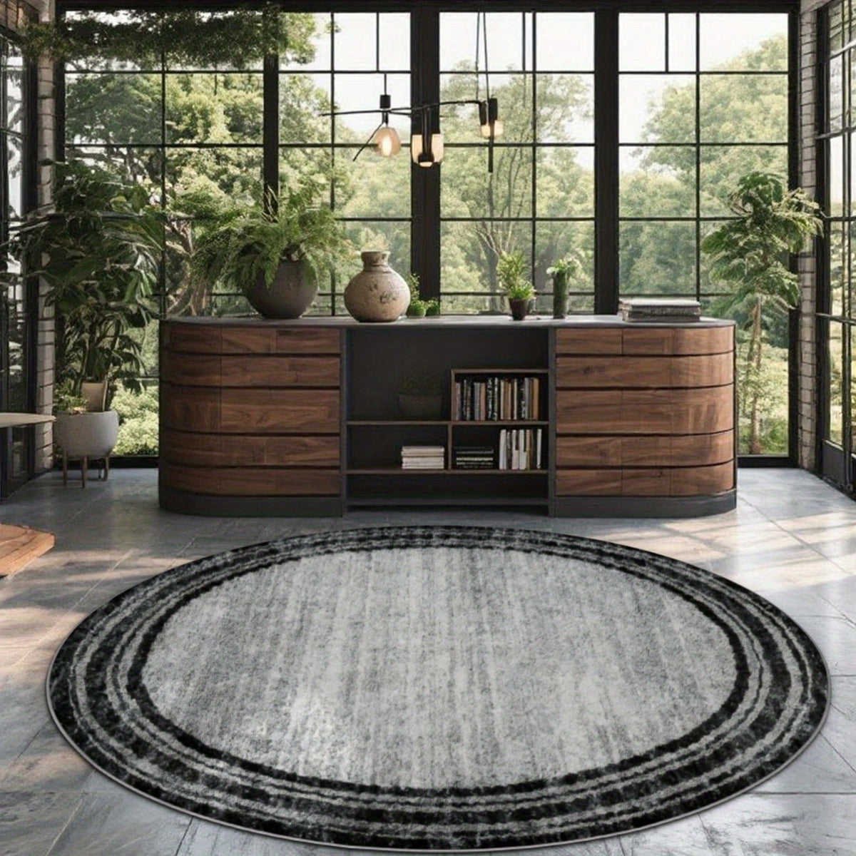 Tapis rond gris vintage à rayures délavées, bordure noire