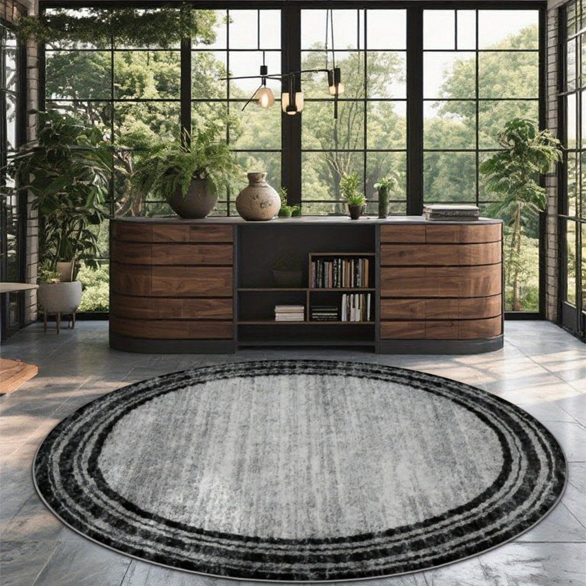 Tapis rond gris vintage à rayures délavées, bordure noire