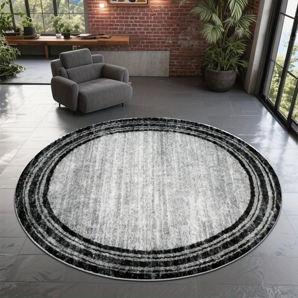 Tapis rond gris vintage à rayures délavées, bordure noire