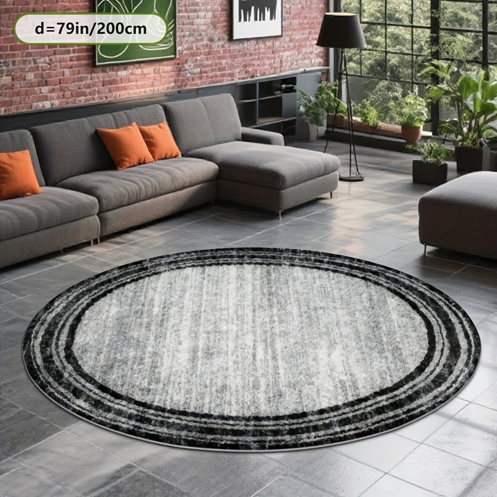 Tapis rond gris vintage à rayures délavées, bordure noire
