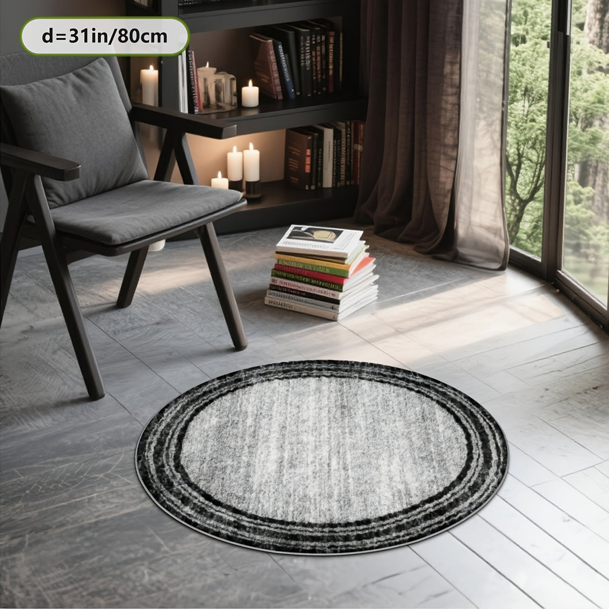 Tapis rond gris vintage à rayures délavées, bordure noire