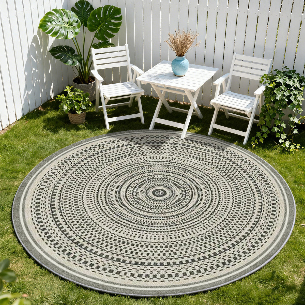 Tapis rond gris et écru à mosaïque concentrique, 4 tailles
