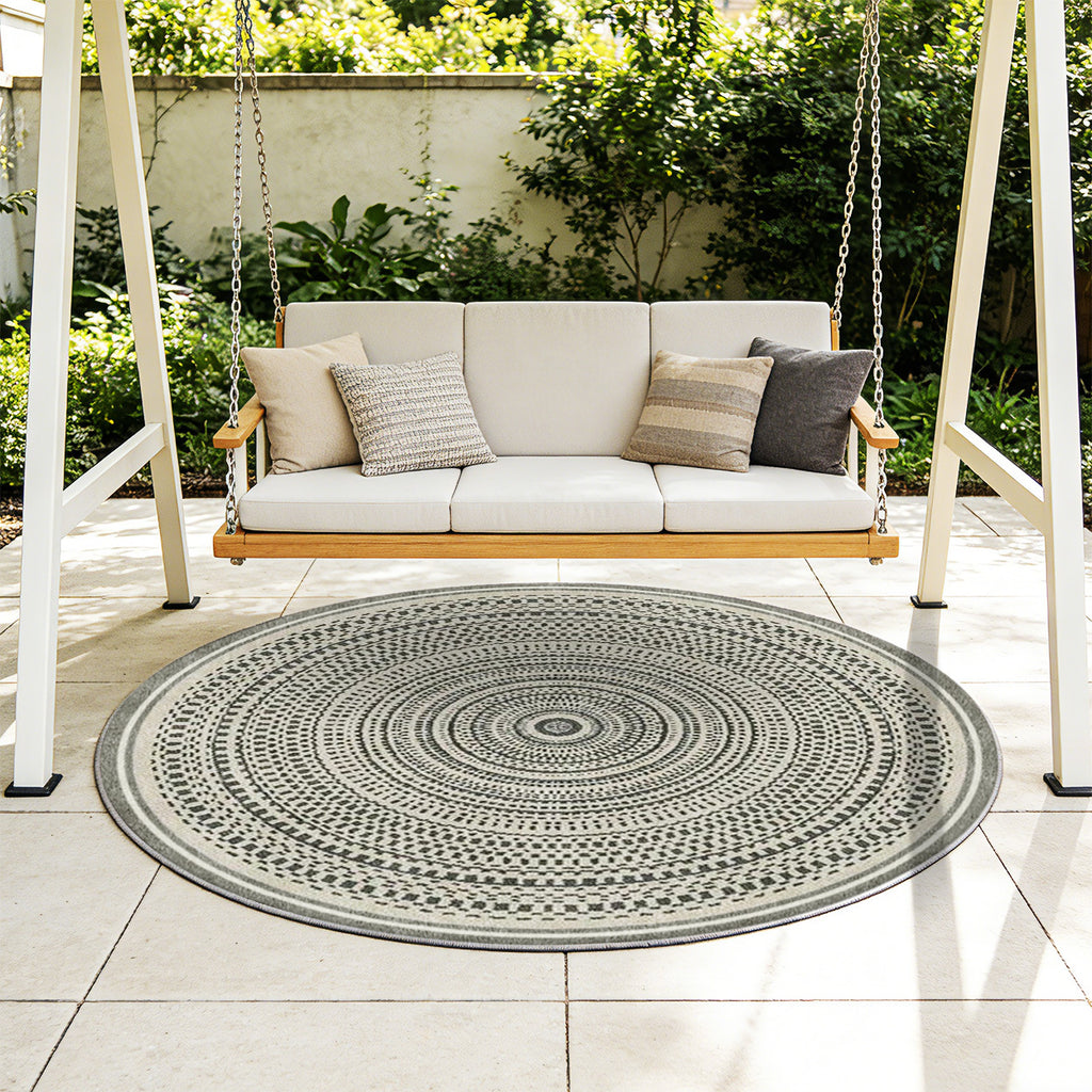 Tapis rond gris et écru à mosaïque concentrique, 4 tailles