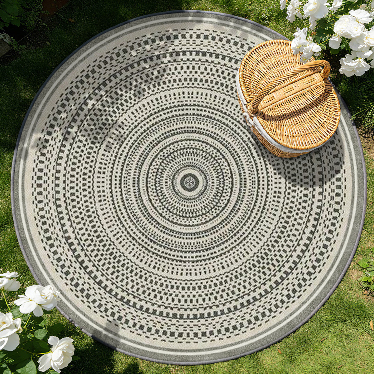Tapis rond gris et écru à mosaïque concentrique, 4 tailles
