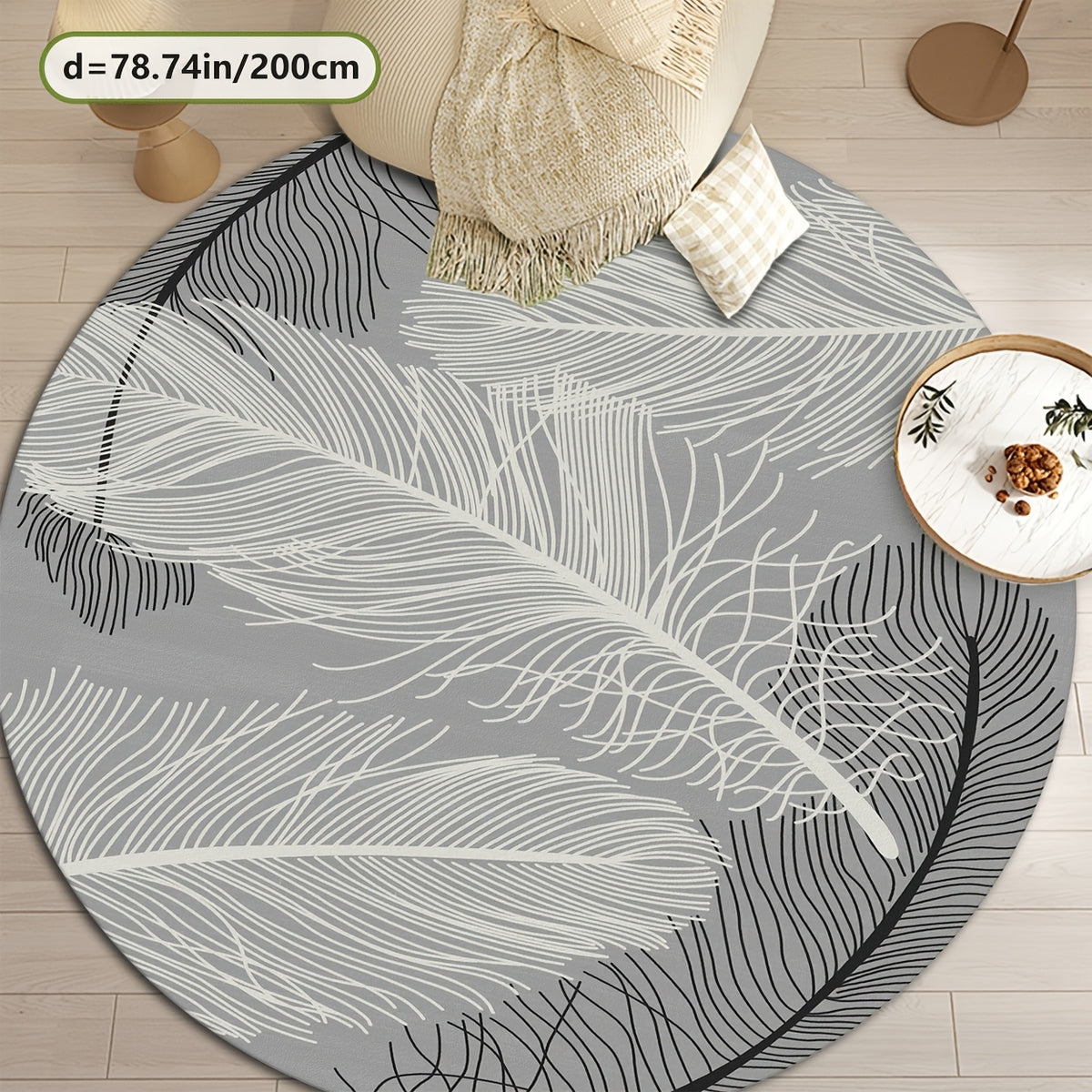 Tapis rond gris motif grande plume blanche, Ø 80 et Ø 100 cm