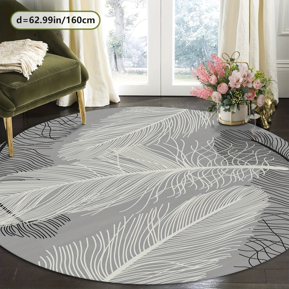 Tapis rond gris motif grande plume blanche, Ø 80 et Ø 100 cm
