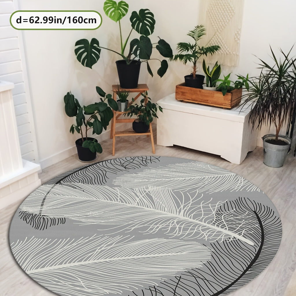 Tapis rond gris motif grande plume blanche, Ø 80 et Ø 100 cm
