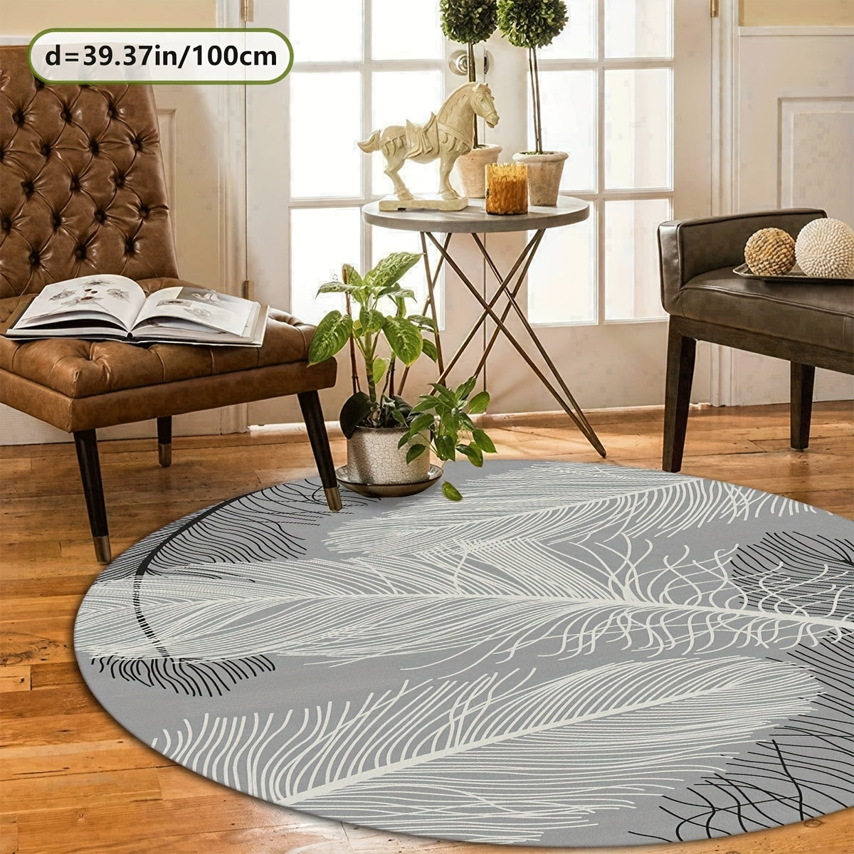 Tapis rond gris motif grande plume blanche, Ø 80 et Ø 100 cm