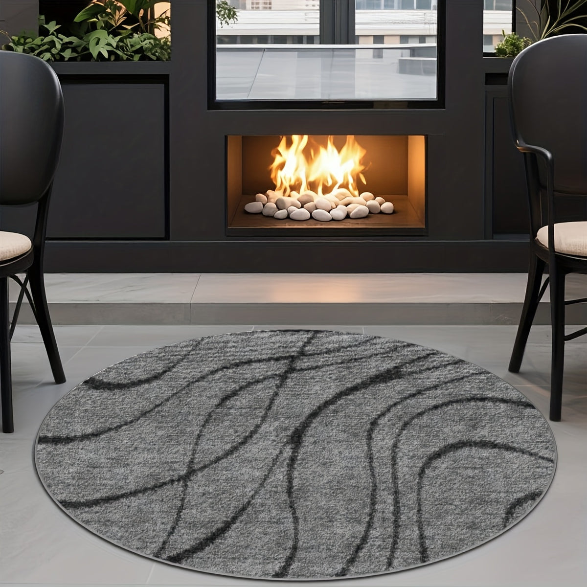 Tapis rond gris à lignes courbes, Ø 200 cm, format unique