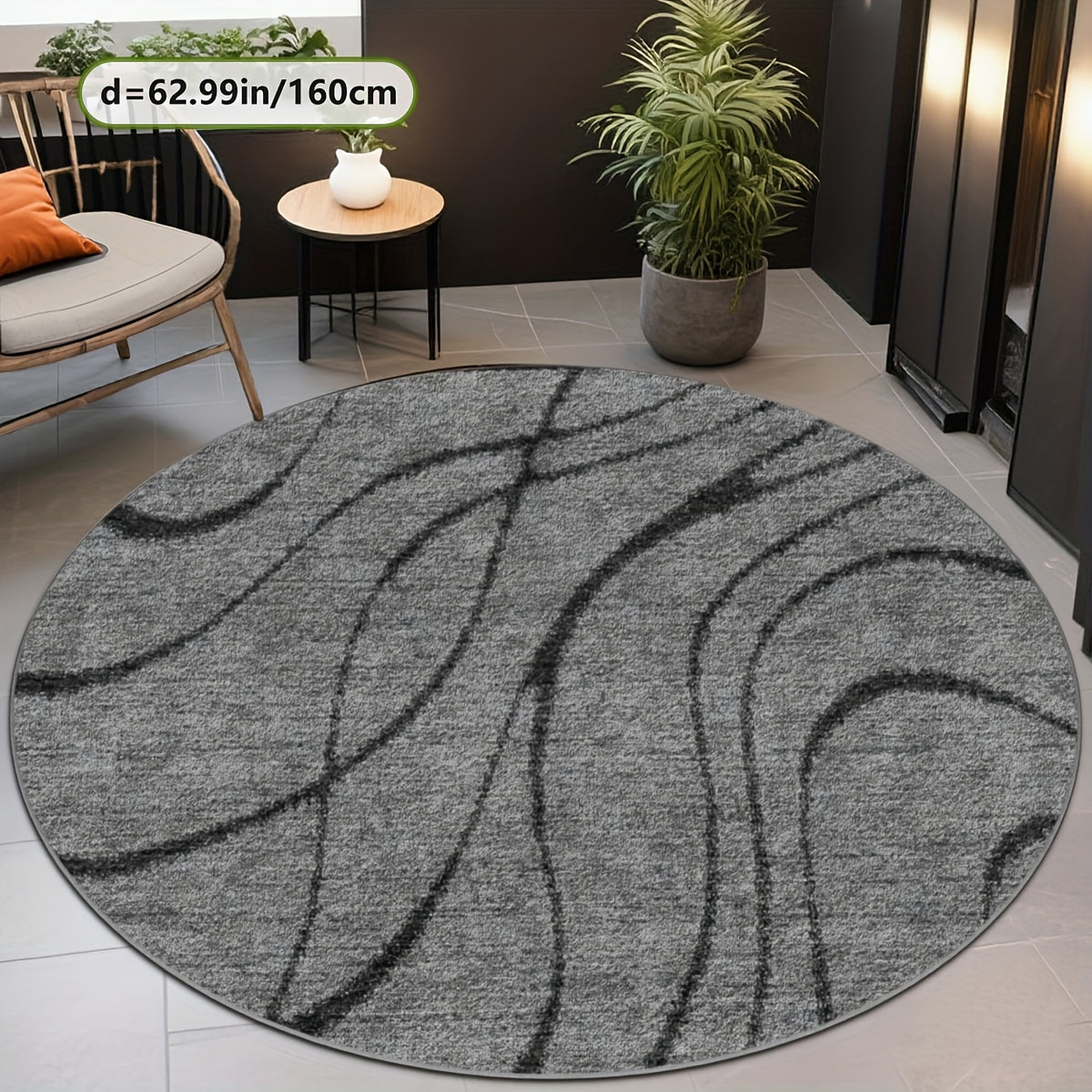 Tapis rond gris à lignes courbes, Ø 200 cm, format unique