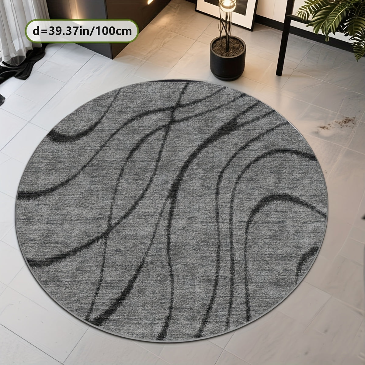 Tapis rond gris à lignes courbes, Ø 200 cm, format unique