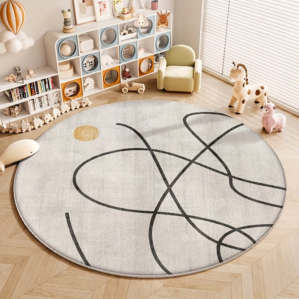 Tapis rond gris clair à lignes noires libres et ovale doré