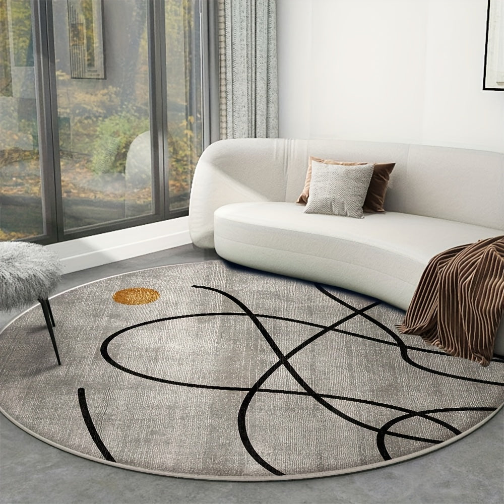 Tapis rond gris clair à lignes noires libres et ovale doré