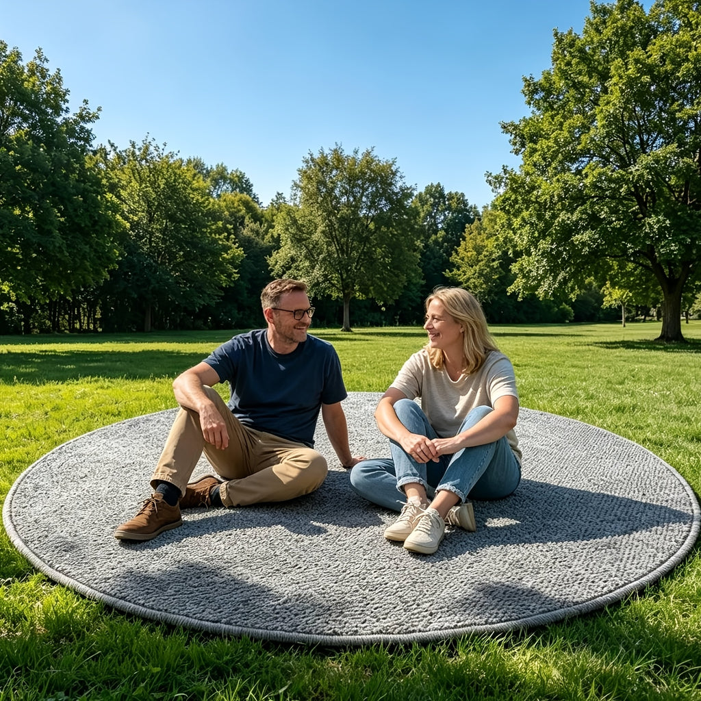 Tapis rond gris en maille bouclée, aspect fibre naturelle