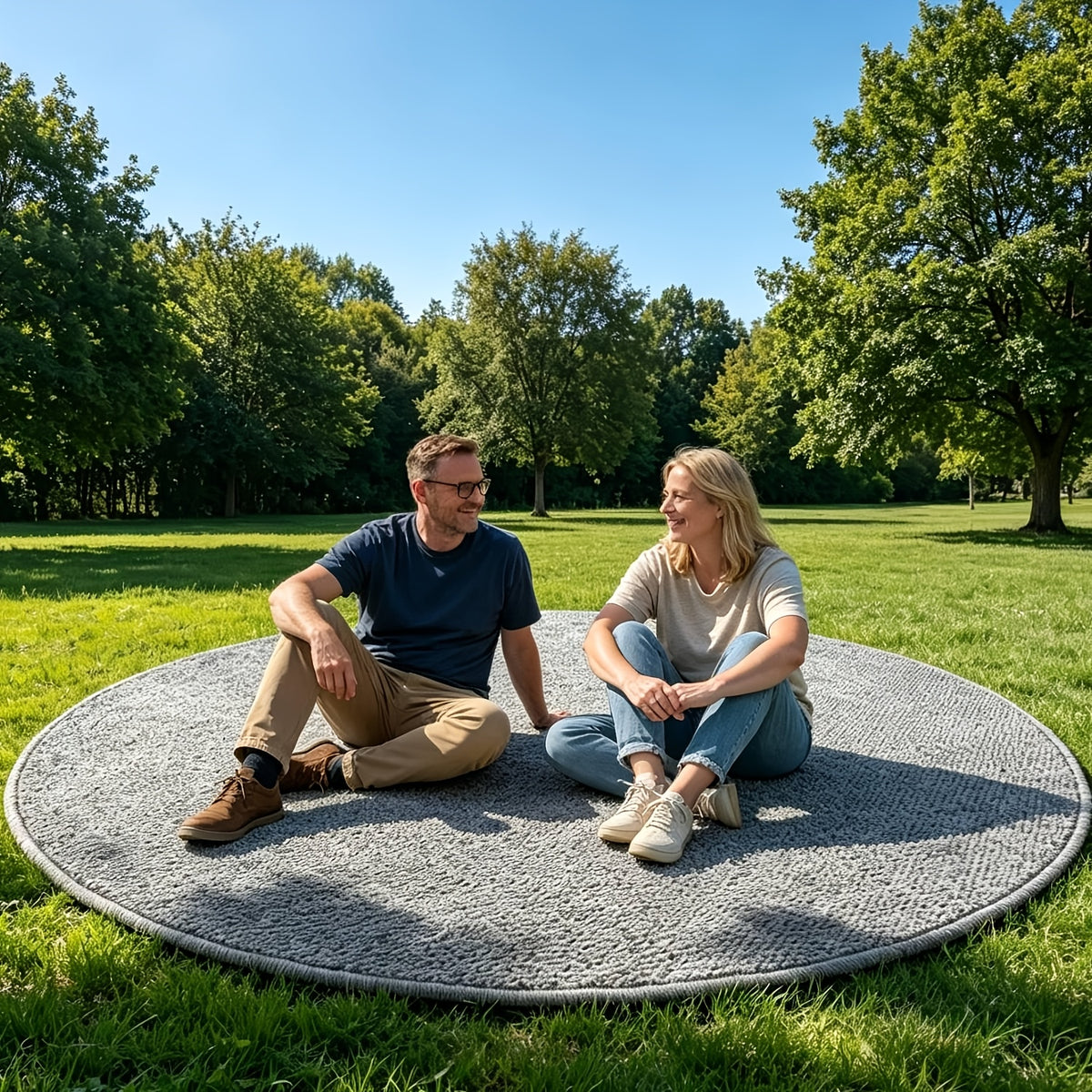 Tapis rond gris en maille bouclée, aspect fibre naturelle