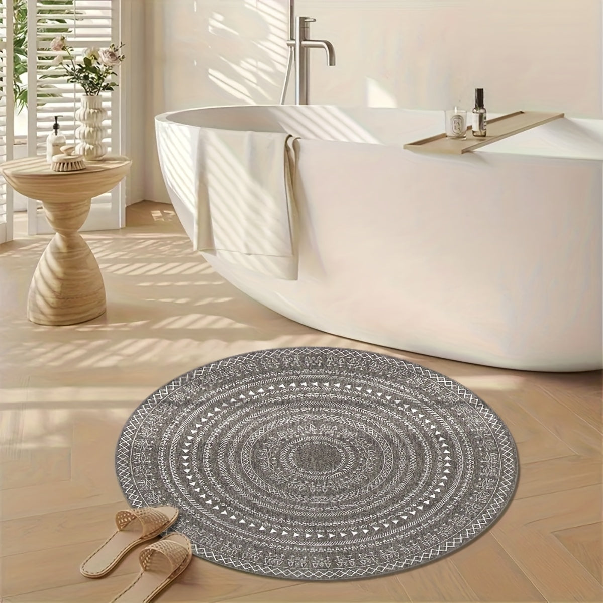 Tapis rond gris à mandala berbère, dos TPR antidérapant