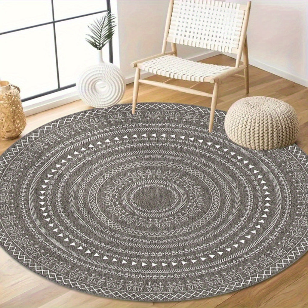 Tapis rond gris à mandala berbère, dos TPR antidérapant