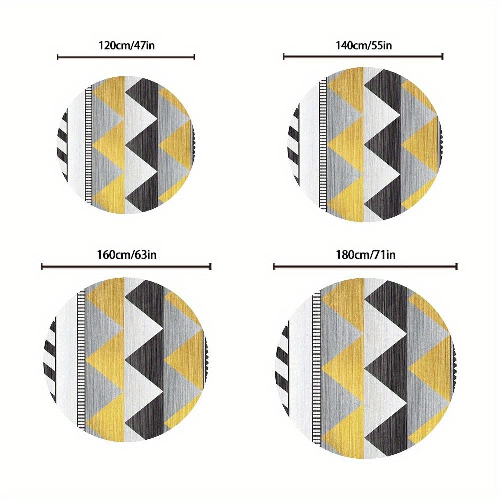 Tapis rond à triangles gris et moutarde, dos à points fins