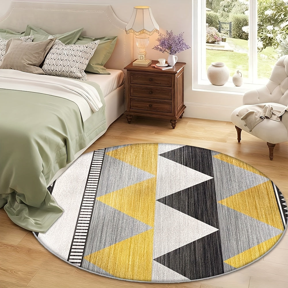 Tapis rond à triangles gris et moutarde, dos à points fins