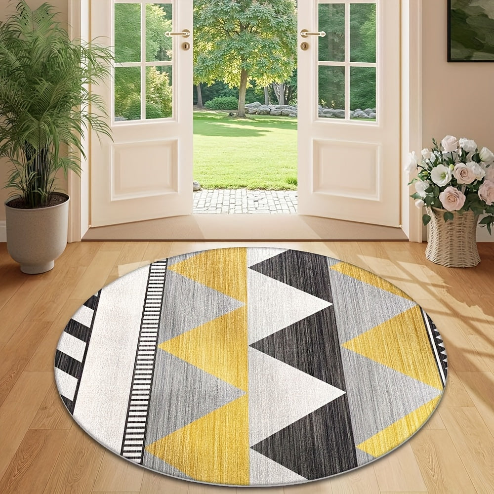 Tapis rond à triangles gris et moutarde, dos à points fins