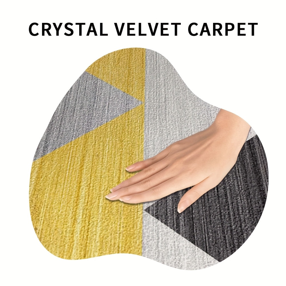 Tapis rond à triangles gris et moutarde, dos à points fins