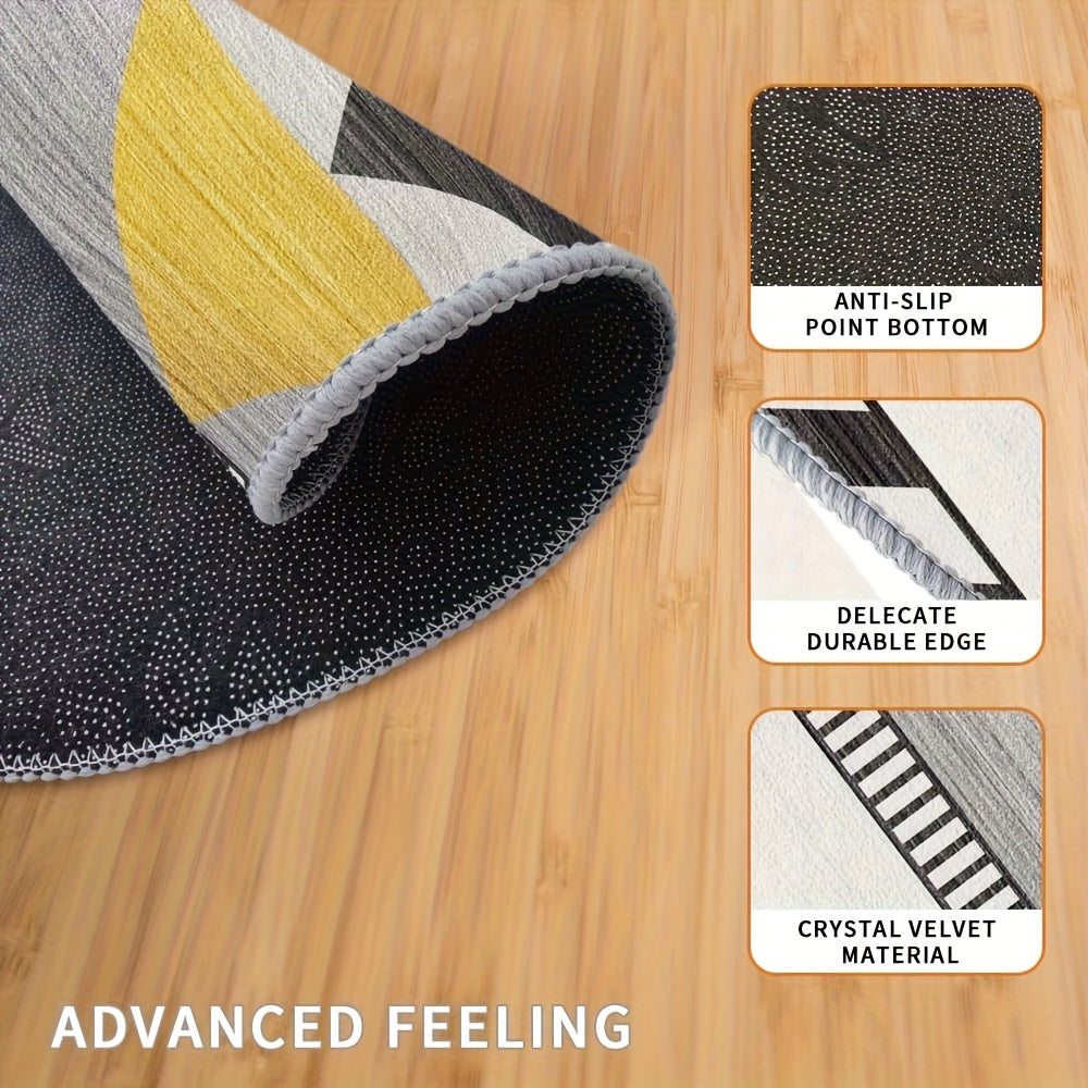Tapis rond à triangles gris et moutarde, dos à points fins