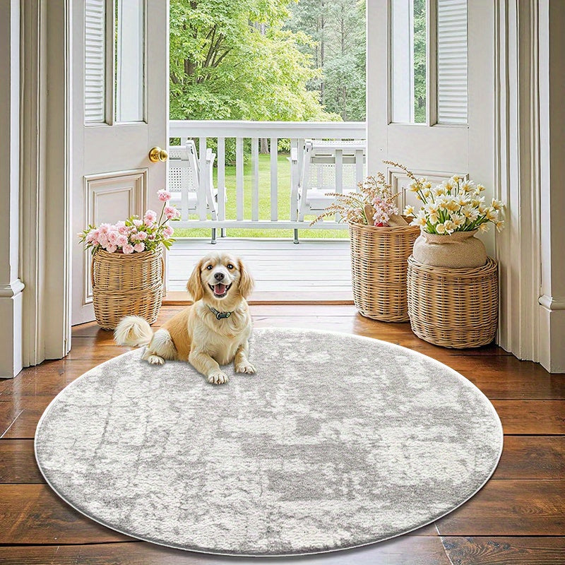 Tapis rond gris marbré 180 cm, velours ras et dos caoutchouc
