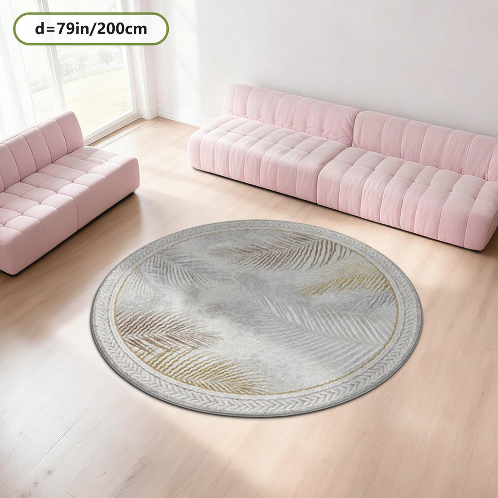 Tapis rond gris à palmes dorées, tressage imprimé au bord