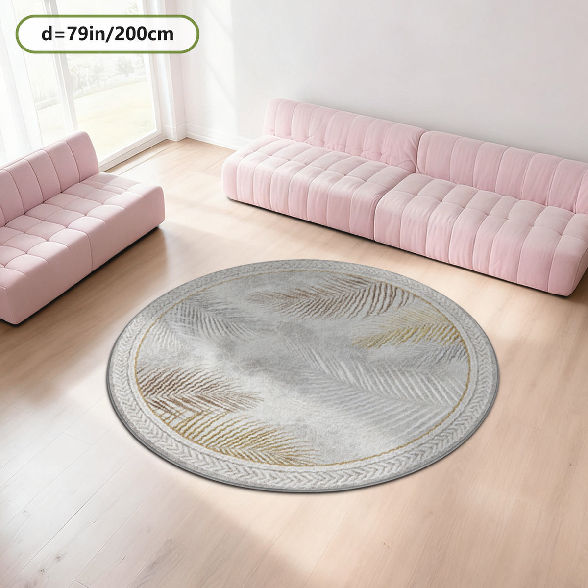 Tapis rond gris à palmes dorées, tressage imprimé au bord