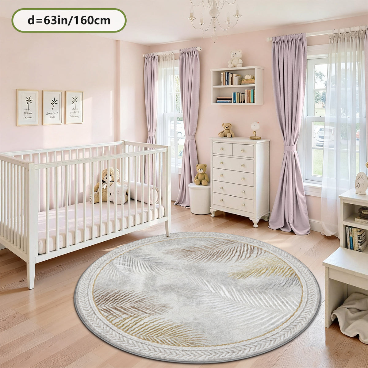 Tapis rond gris à palmes dorées, tressage imprimé au bord