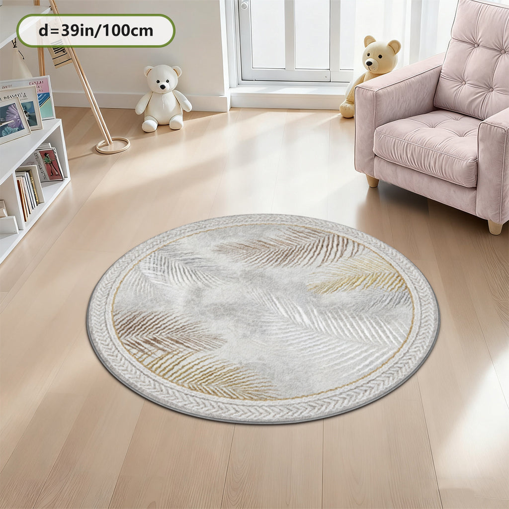 Tapis rond gris à palmes dorées, tressage imprimé au bord