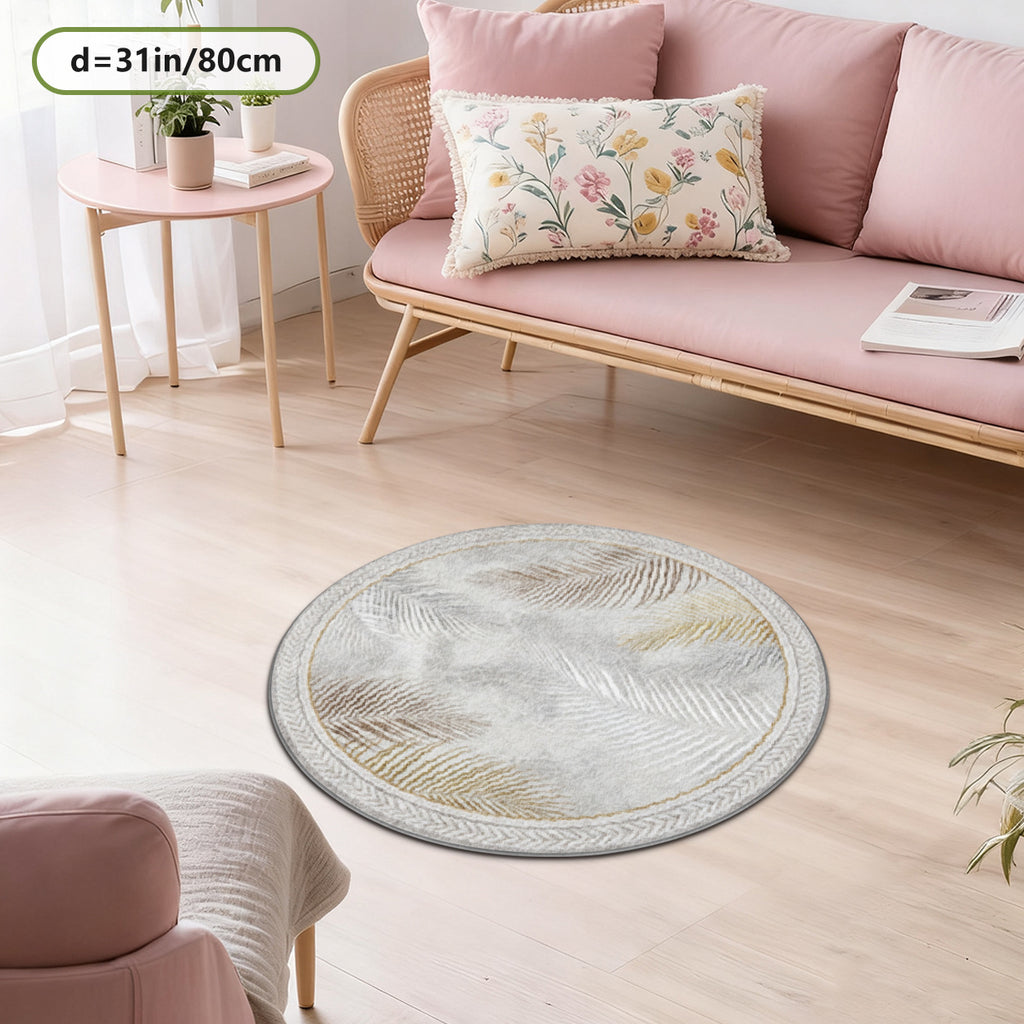 Tapis rond gris à palmes dorées, tressage imprimé au bord