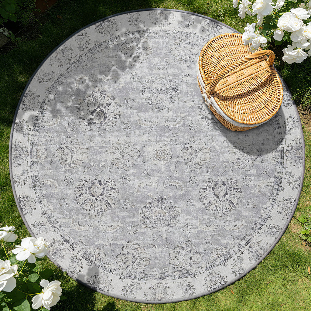 Tapis rond gris vintage à médaillon floral persan délavé