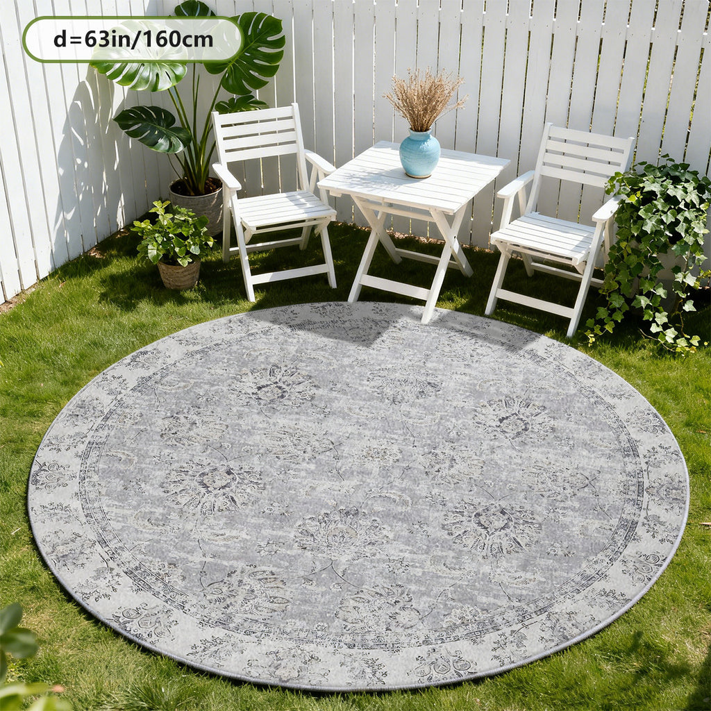 Tapis rond gris vintage à médaillon floral persan délavé