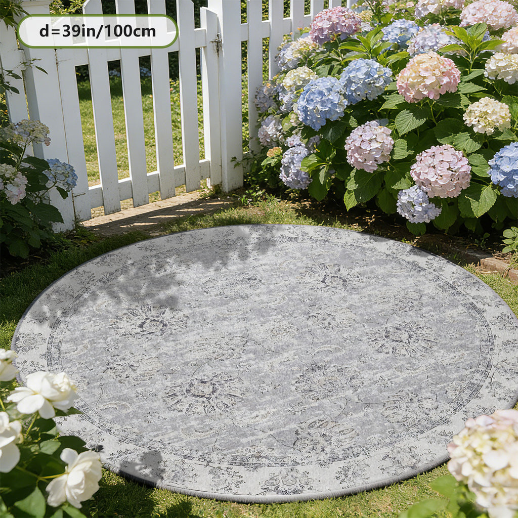 Tapis rond gris vintage à médaillon floral persan délavé