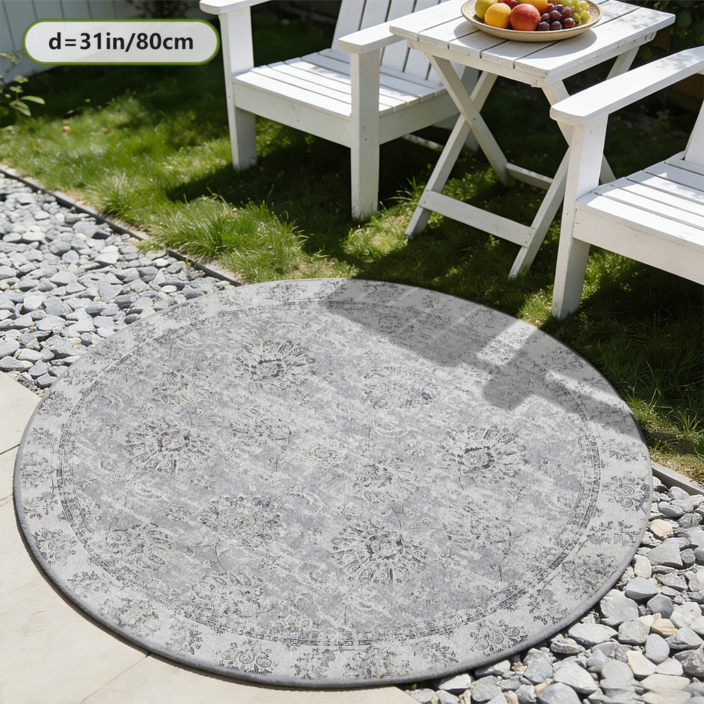 Tapis rond gris vintage à médaillon floral persan délavé