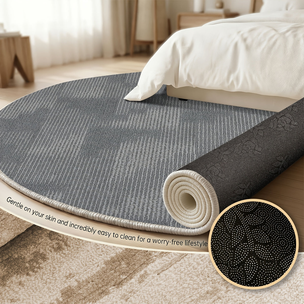 Tapis rond gris texturé à côtes, dos à picots, Ø 80 à 200 cm