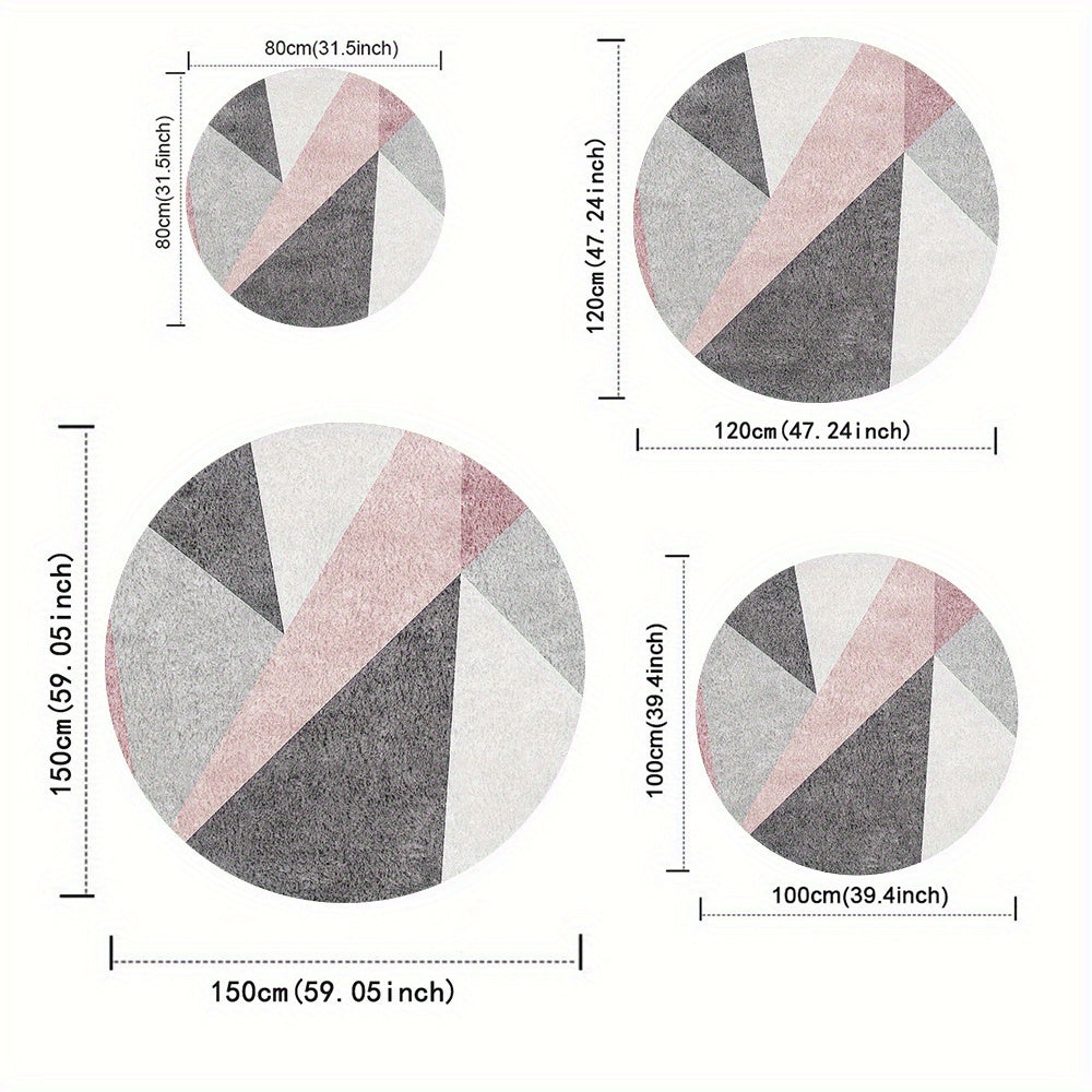 Tapis rond gris et rose à triangles, dos plastique à picots