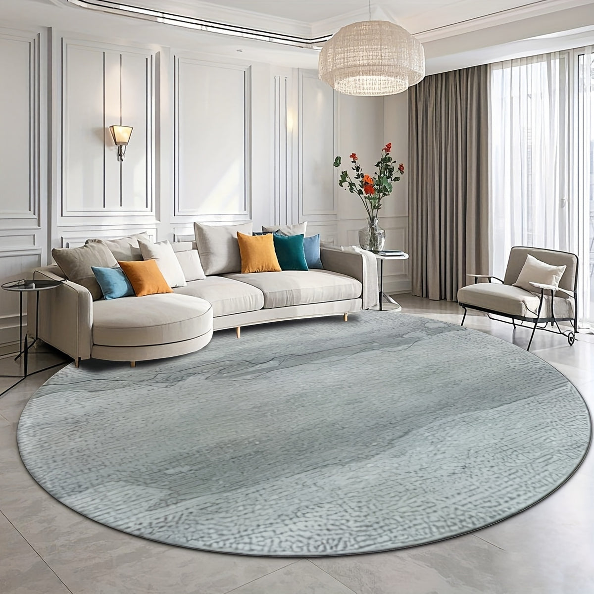 Tapis rond gris bleuté à texture minérale, Ø 100 ou 200 cm