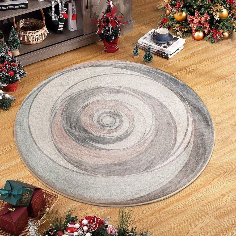 Tapis rond gris tourbillon, cercles peints au pinceau large