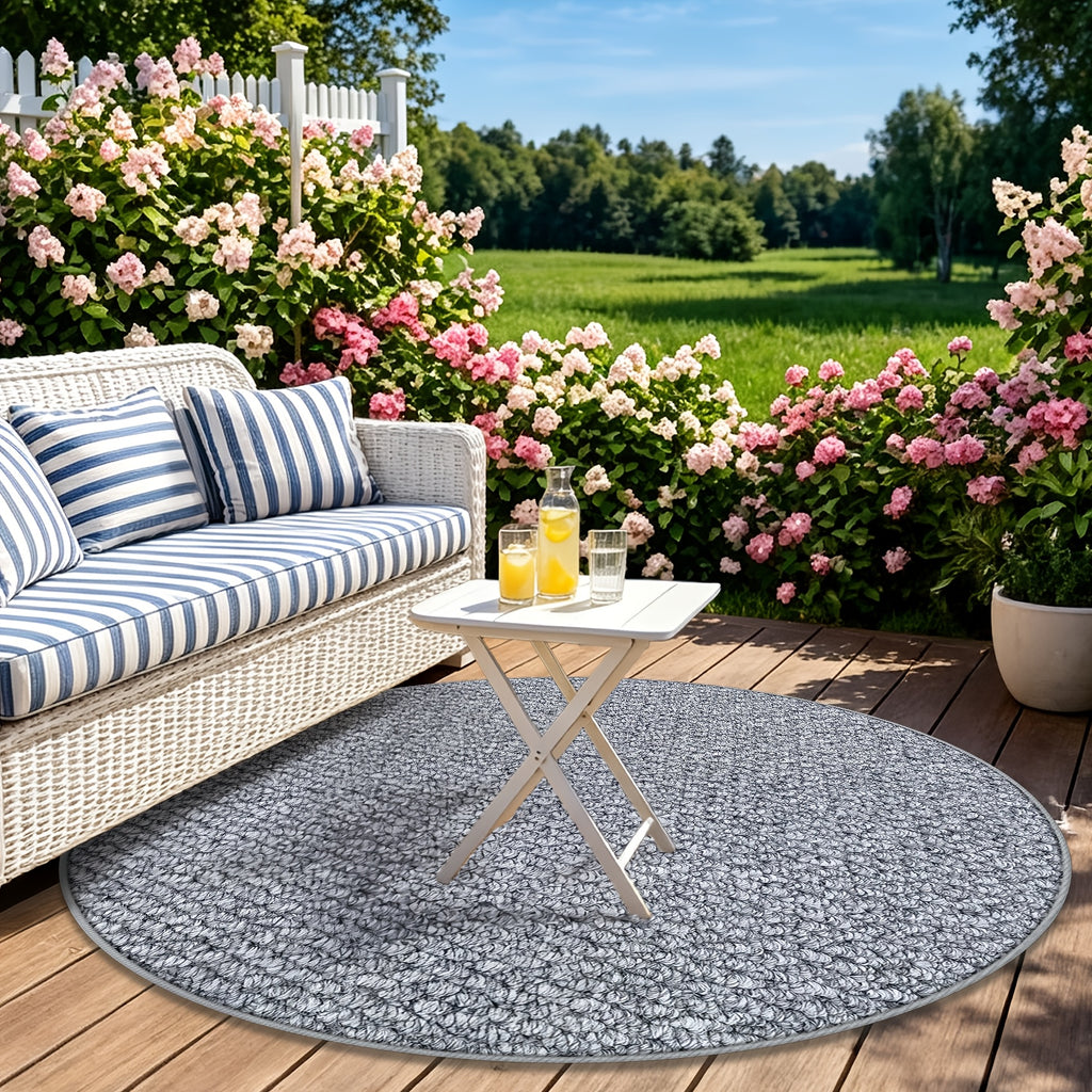 Tapis rond gris au tressage wabi-sabi et dos en TPR souple