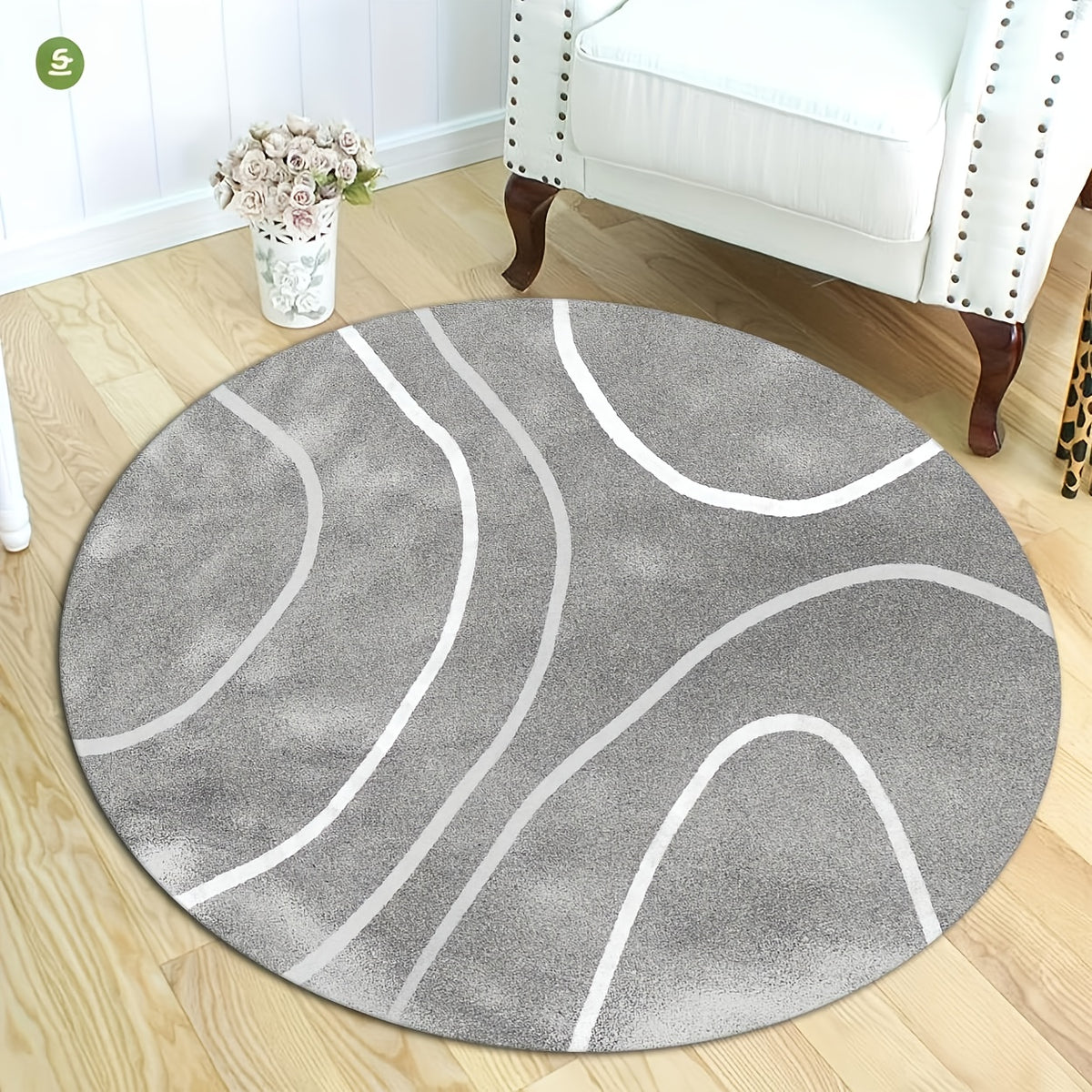 Tapis rond gris à arcs blancs, cinq diamètres en velours