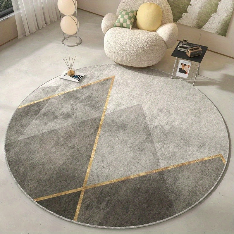 Tapis rond gris en velours, motif cercles ou lignes dorées