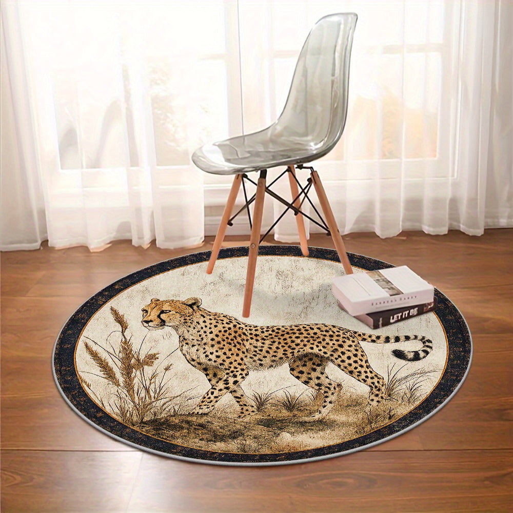 Tapis rond guépard en savane, bordure ancienne, 7 formats