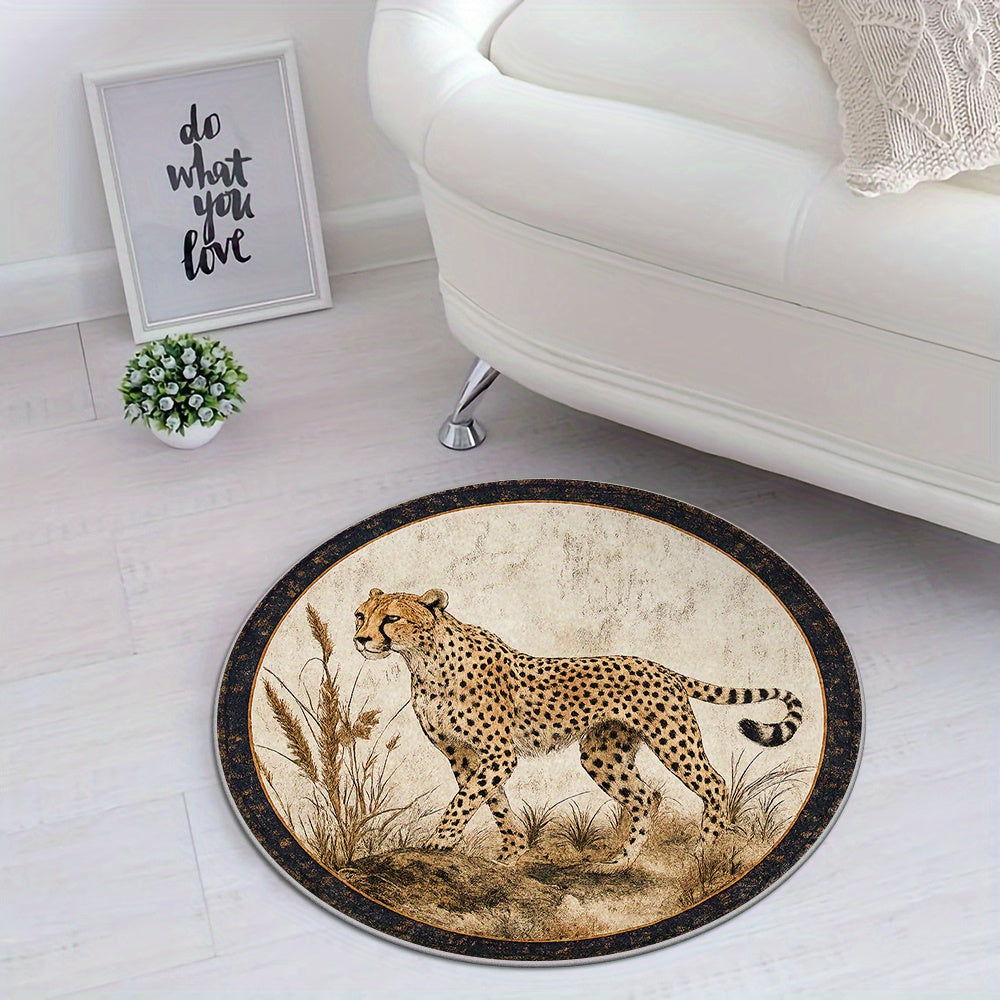 Tapis rond guépard en savane, bordure ancienne, 7 formats