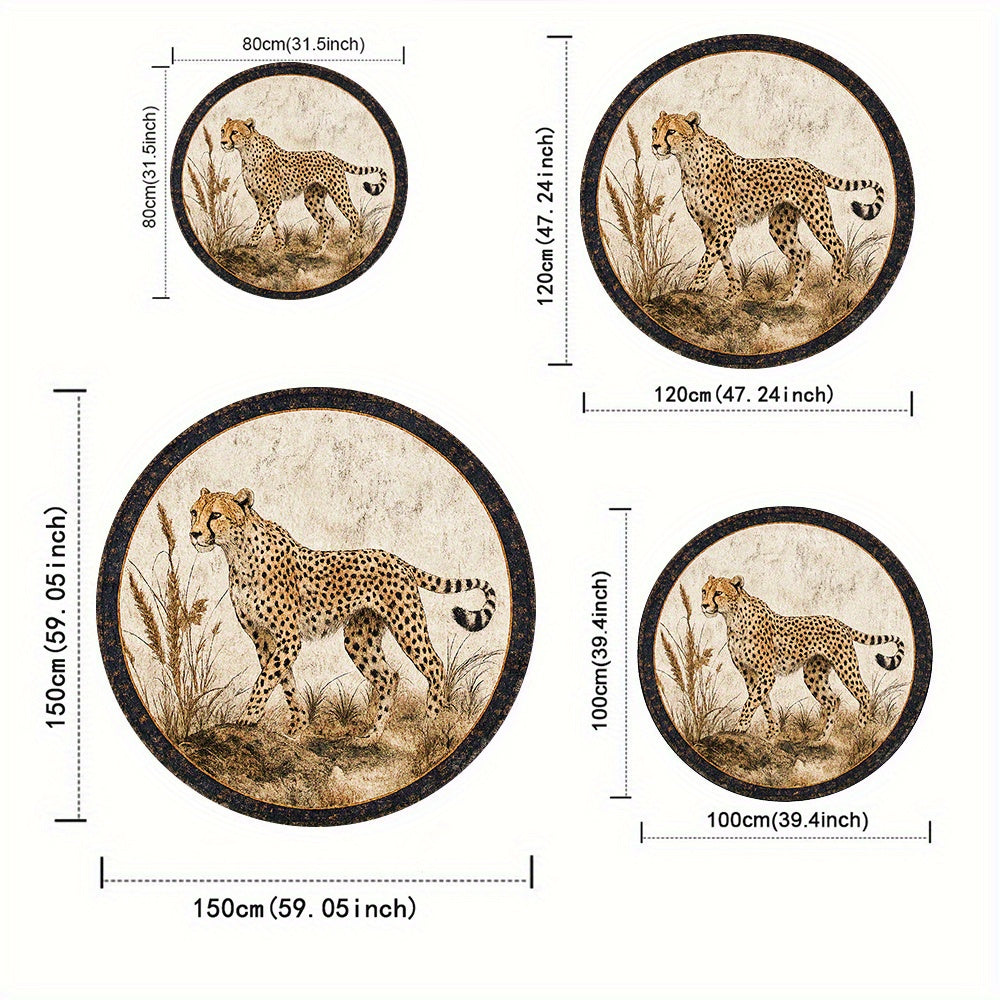 Tapis rond guépard en savane, bordure ancienne, 7 formats