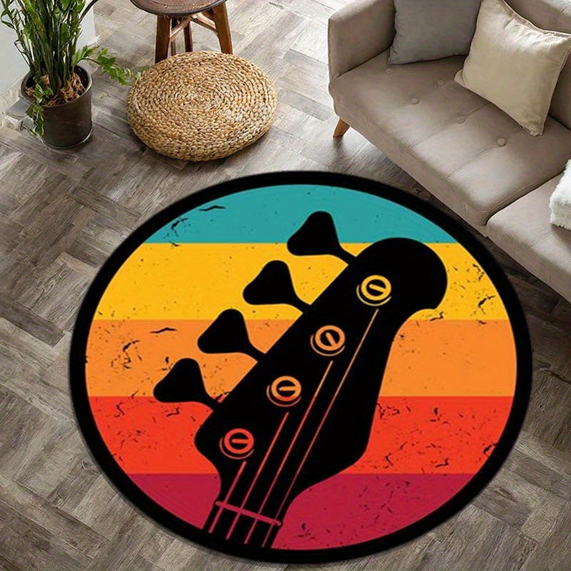 Tapis rond guitare basse, coucher de soleil rétro Ø 150